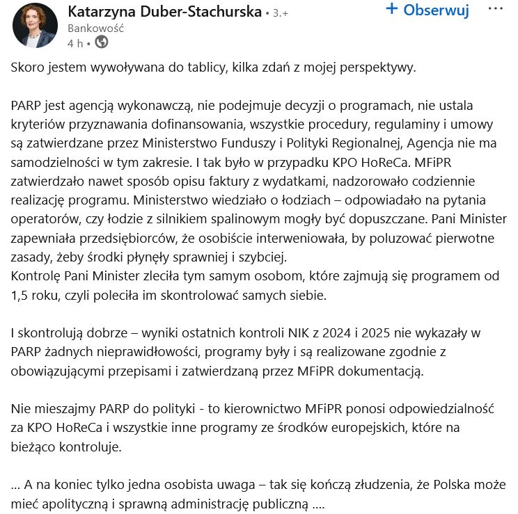 Gorzki wpis byłej szefowej PARP