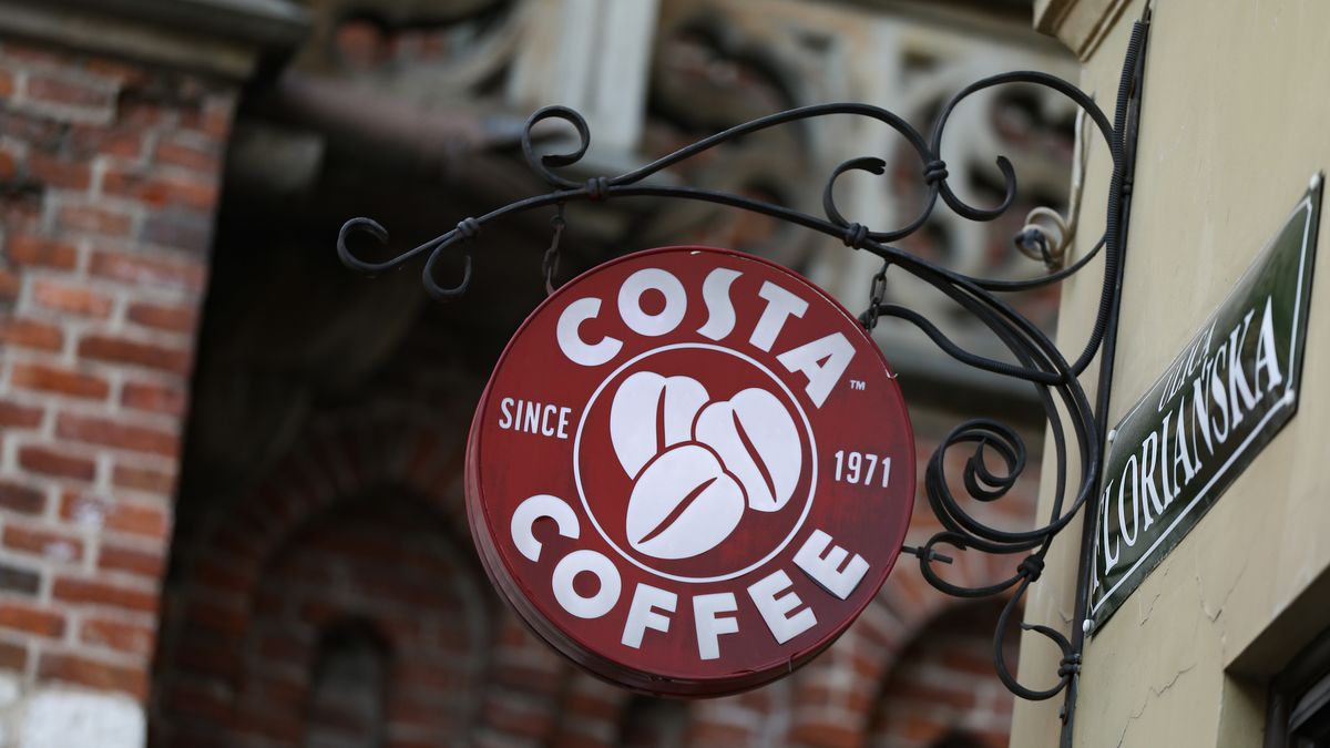 The Costa Coffee logo is seen on the street in Krakow, Poland, on March 6, 2025. (Photo by Klaudia Radecka/NurPhoto via Getty Images)