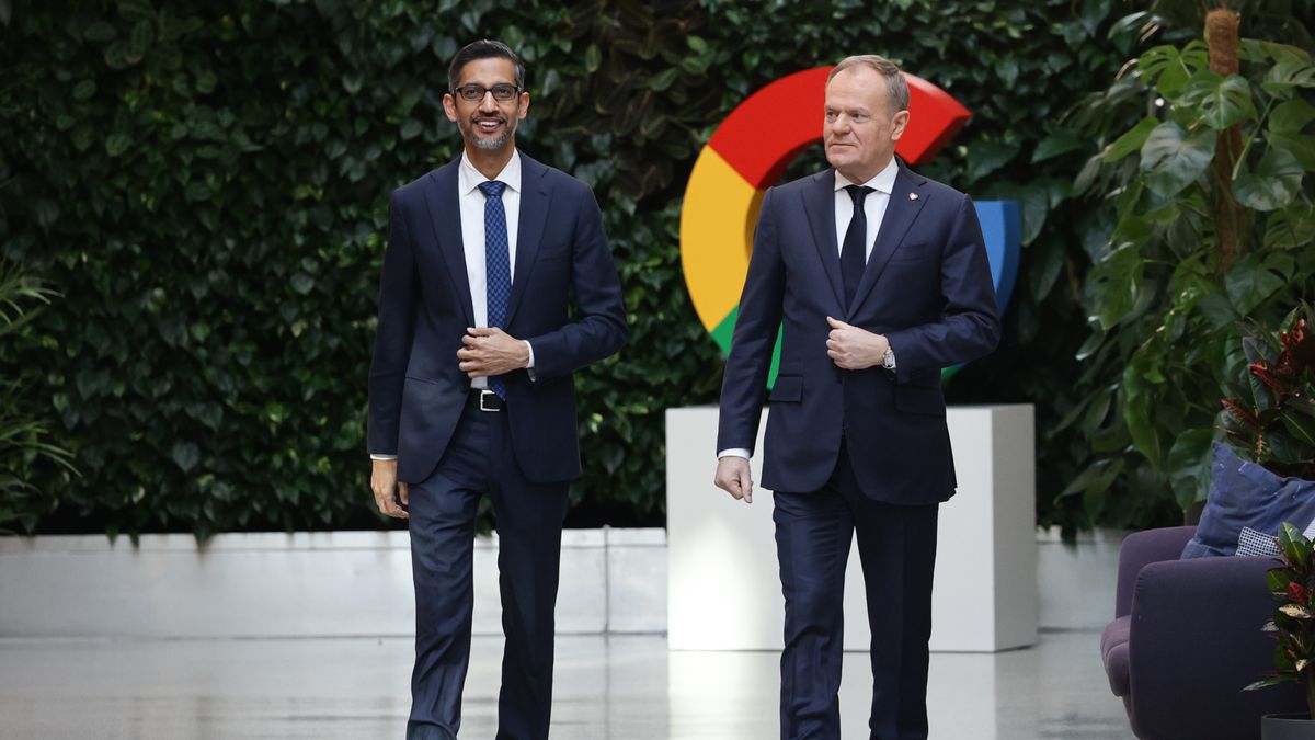 Polish PM Donald Tusk And Google CEO Sundar Pichai Meeting In Warsaw
Google CEO Sundar Pichai and Polish PM Donald Tusk during their meeting at Google for Startups Campus In Warsaw in Warsaw, Poland on February 13, 2025. (Photo by Jakub Porzycki/NurPhoto via Getty Images)
NurPhoto
google for startups, jakub porzycki, brand, international relations, global leaders, entrepreneurship, tech industry, building, nurphoto, polish, google, collaboration, tech advancement., pm, tech community, startup ecosystem, partnership, tech hub, company, february 13, economic development, digital economy