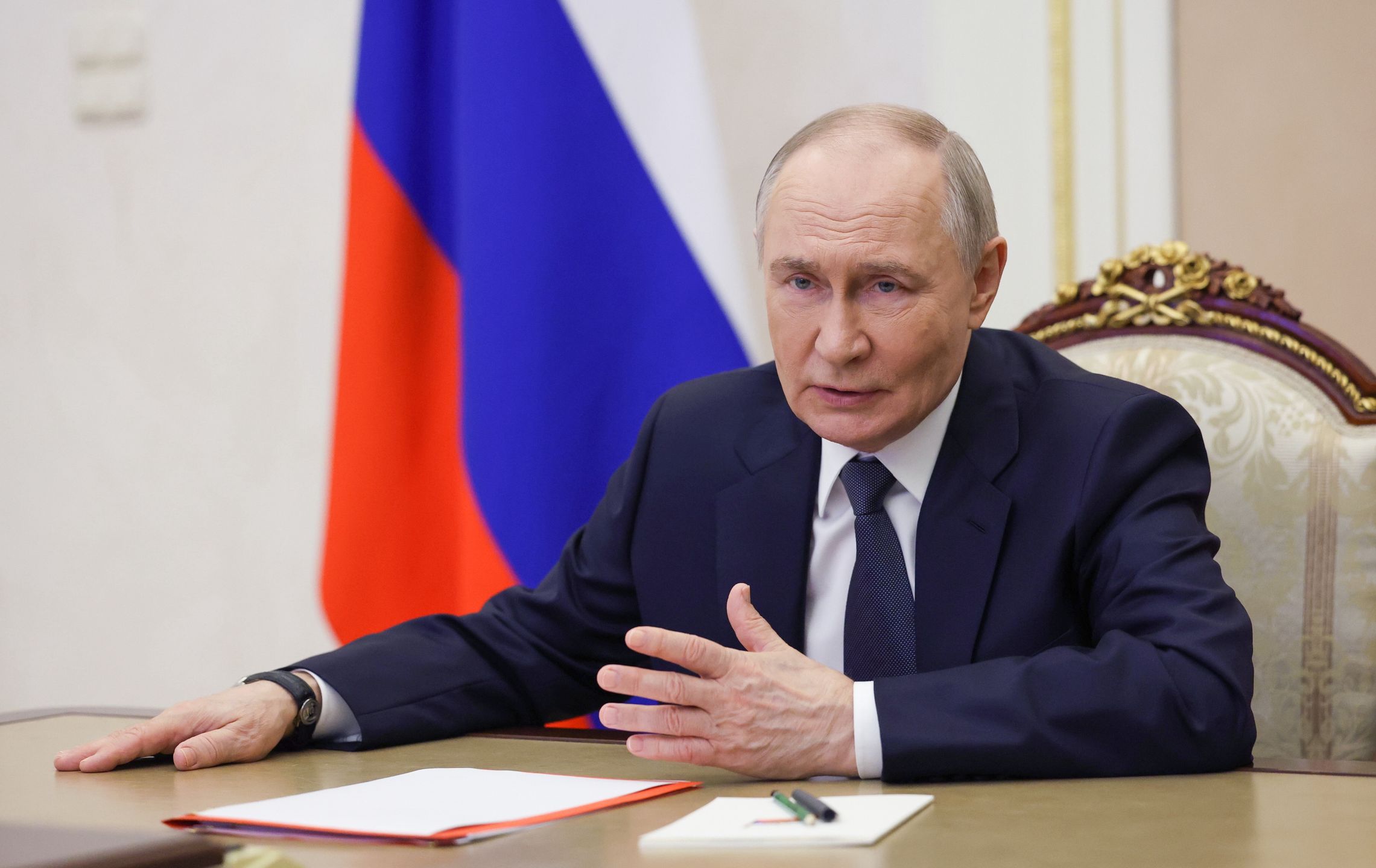 Russian President Vladimir Putin chairs the Security Council
epa12003278 Russian President Vladimir Putin chairs a meeting with members of the Security Council via videoconference at the Kremlin in Moscow, Russia, 01 April 2025. Putin discusses with members of the Security Council the implementation of agreements between Russia and Ukraine to stop mutual attacks on energy systems.  EPA/SERGEI ILYIN /SPUTNIK / KREMLIN POOL MANDATORY CREDIT 
Dostawca: PAP/EPA.
SERGEI ILYIN /SPUTNIK / KREMLIN POOL
flag, politics, government, war, cabinet, defence