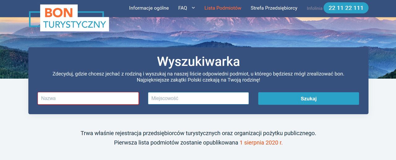 Strona, na której można wyszukać podmioty realizujące bon turystyczny