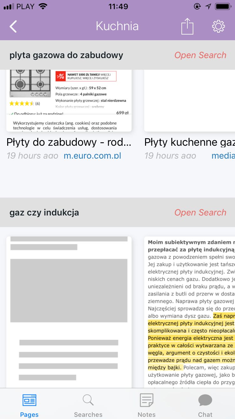 widok projektu po otwarciu pokazuje historię odwiedzanych stron