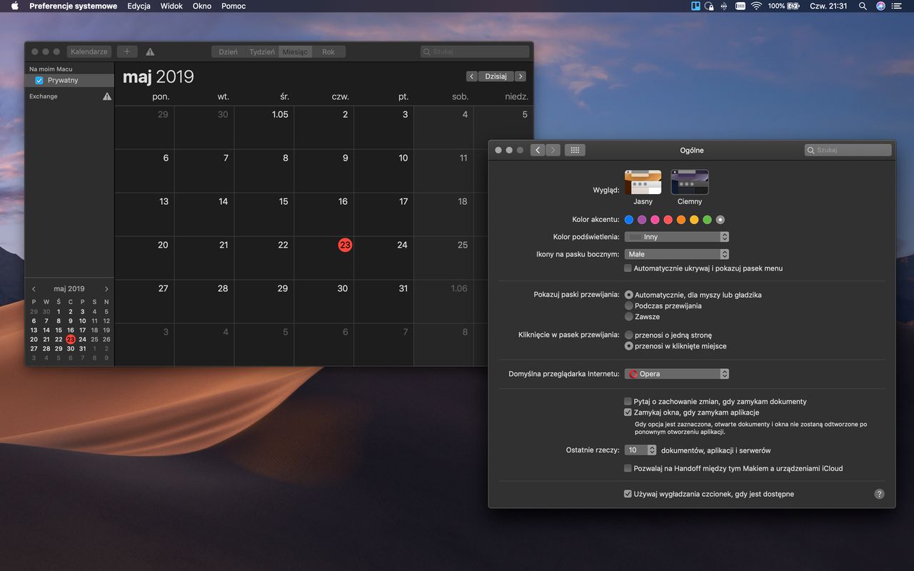 macOS Mojave z aktywnym ciemnym motywem.