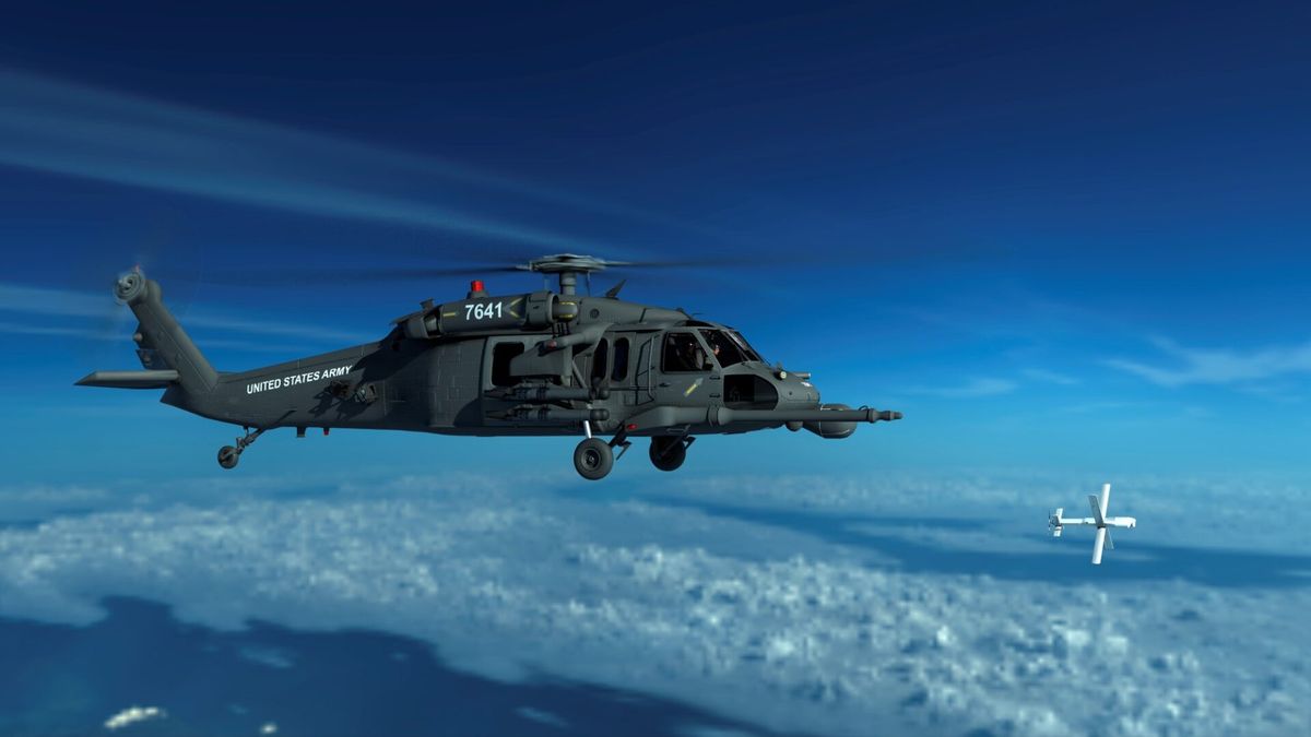 Wizualizacja dronów Hero-120 wystrzeliwanych ze śmigłowca. 