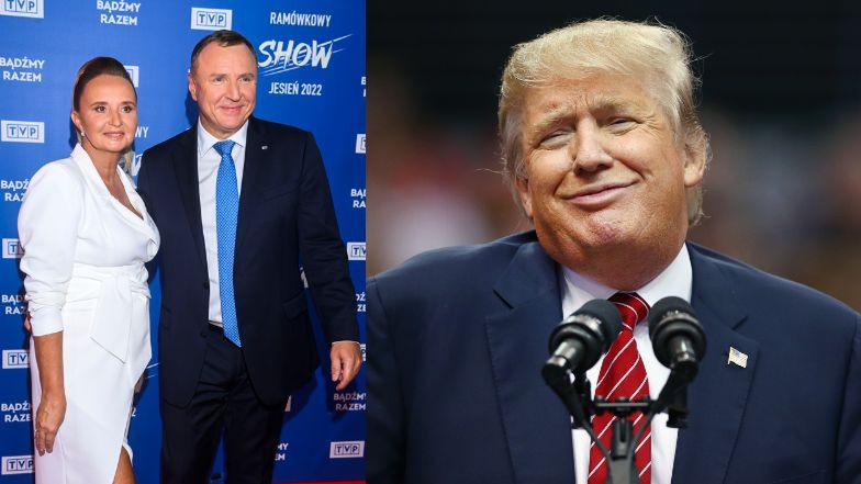 Joanna Kurska wpatruje się w PORTRET Donalda Trumpa