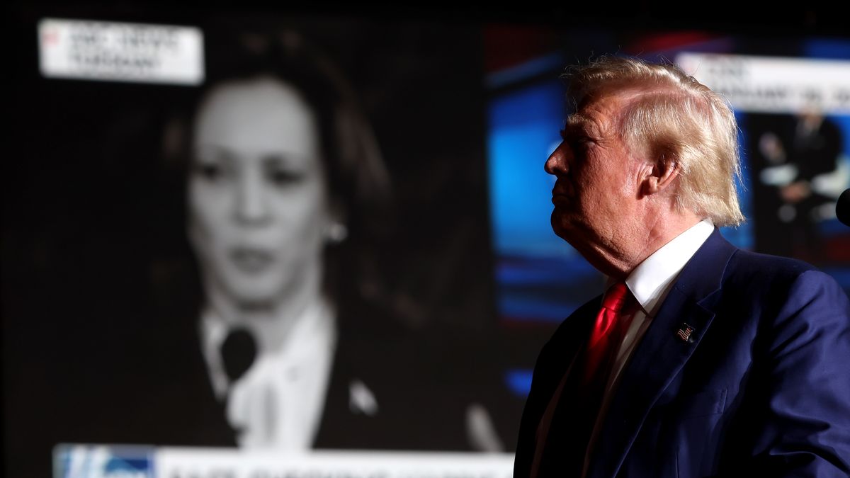 LAS VEGAS, NEVADA - SEPTEMBER 13: Republican presidential nominee, former U.S. President Donald Trump, watches a video of Vice President Kamala Harris during a campaign rally at The Expo at World Market Center Las Vegas on September 13, 2024 in Las Vegas, Nevada. With 53 days before election day, Former President Trump continues to campaign.  (Photo by Justin Sullivan/Getty Images)