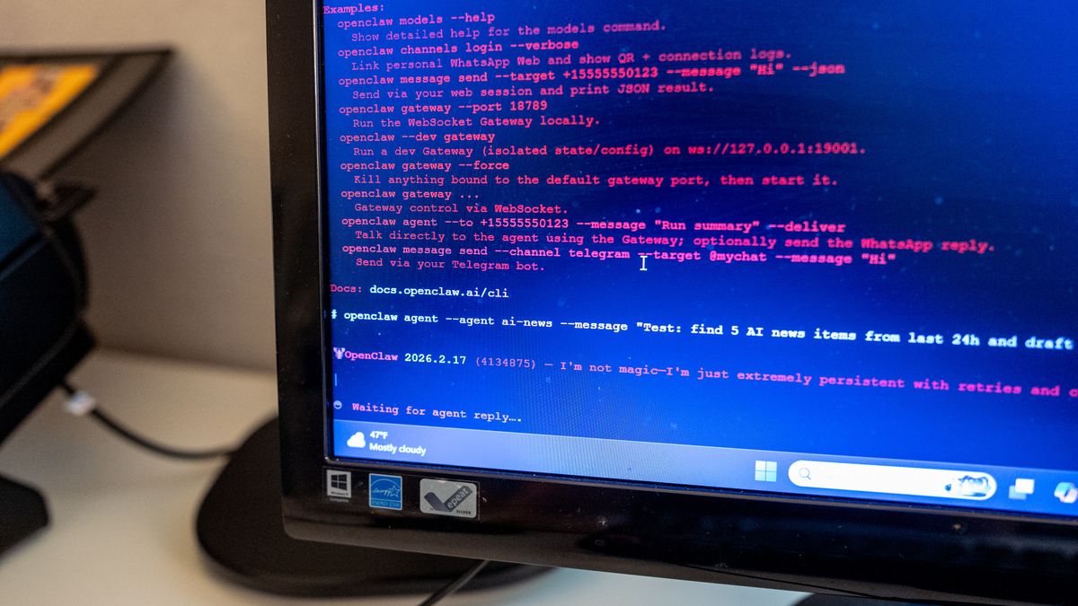 Close-up of computer screen showing Linux terminal running the OpenClaw agentic artificial intelligence platform, Lafayette, California, February 18, 2026. (Photo by Smith Collection/Gado/Getty Images)