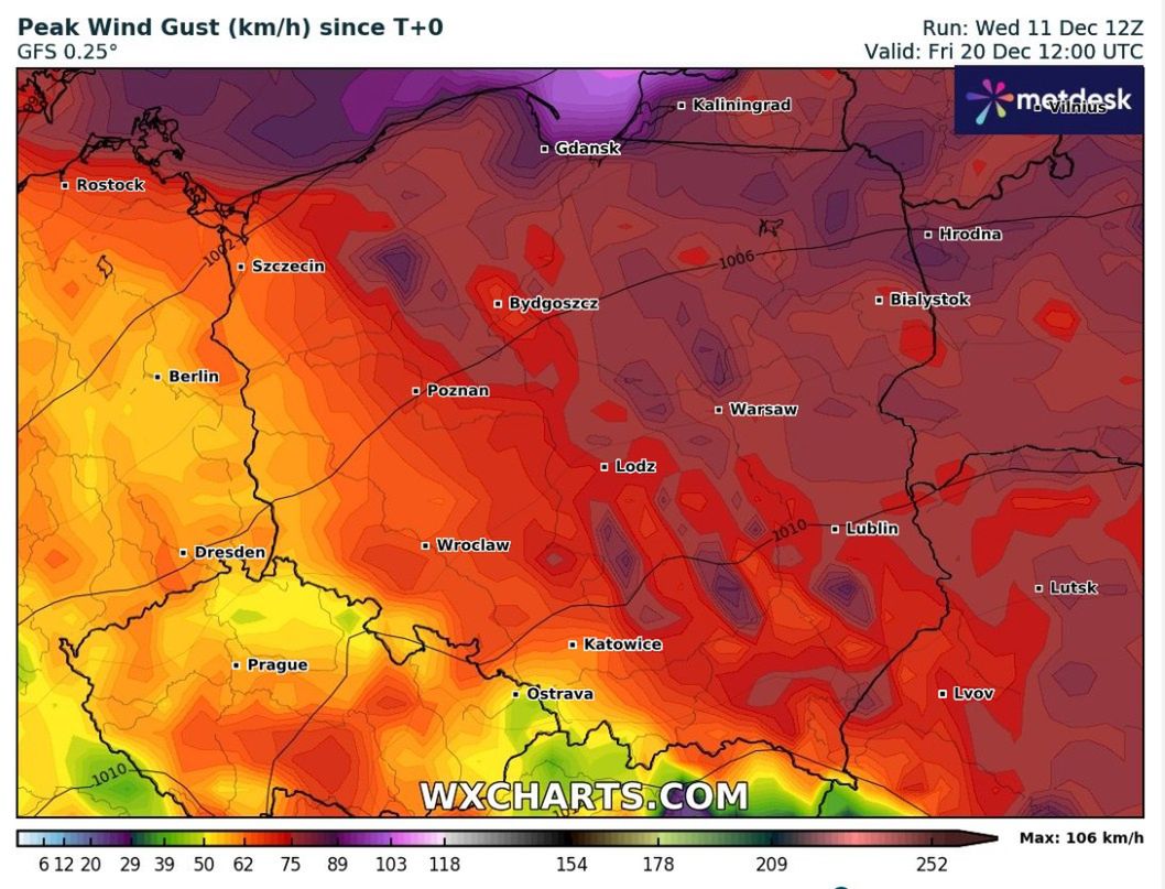 Prędkość wiatru w porywach w piątek - 20 grudnia