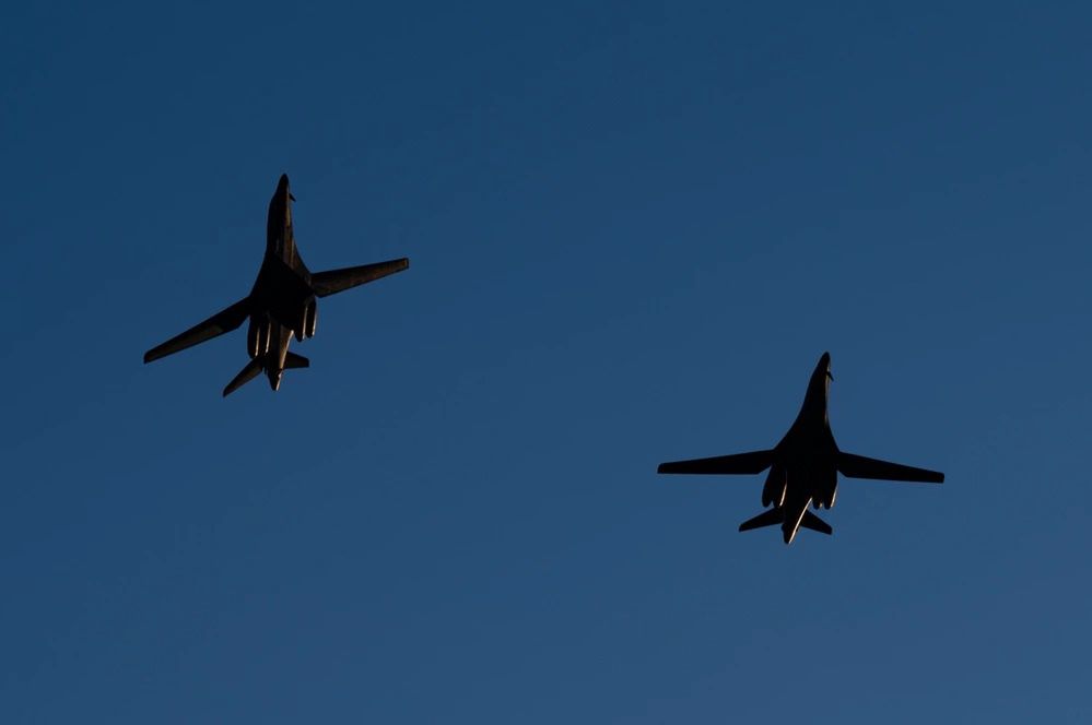 A pair of B-1B bombers in the flight circuit over Fairford.