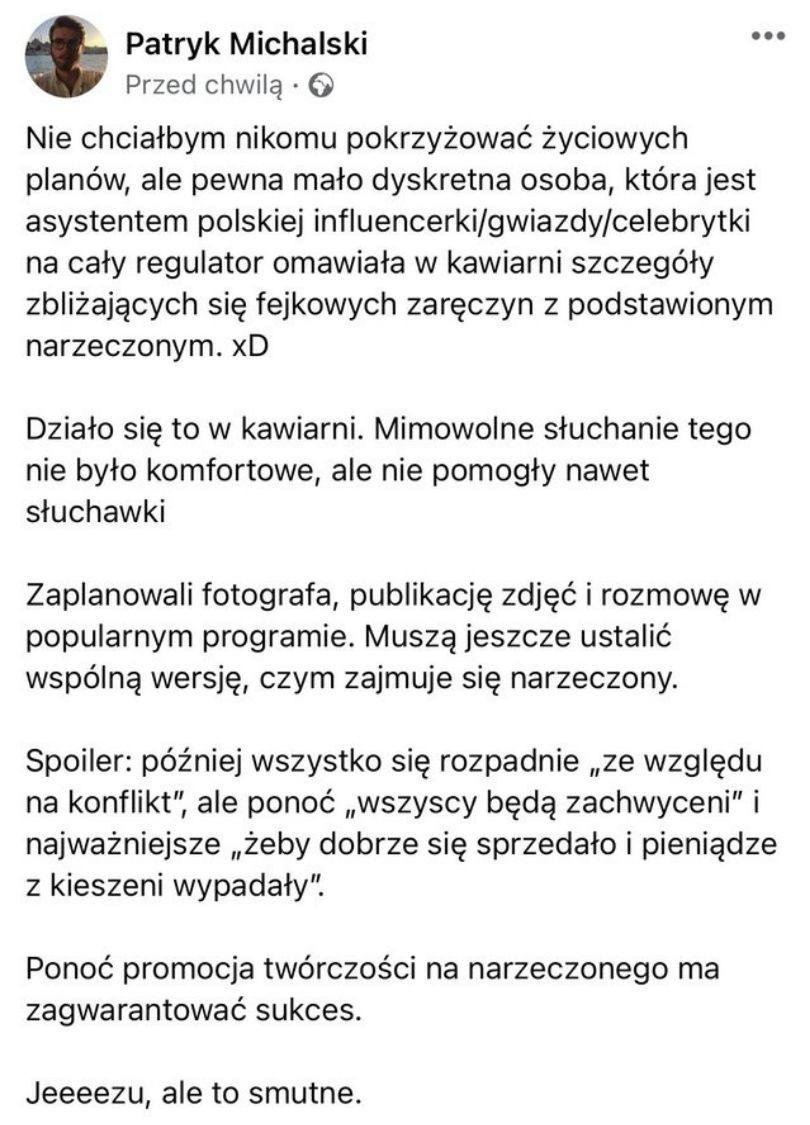 Dziennikarz świadkiem rozmowy o udawanych zaręczynach polskiej celebrytki
