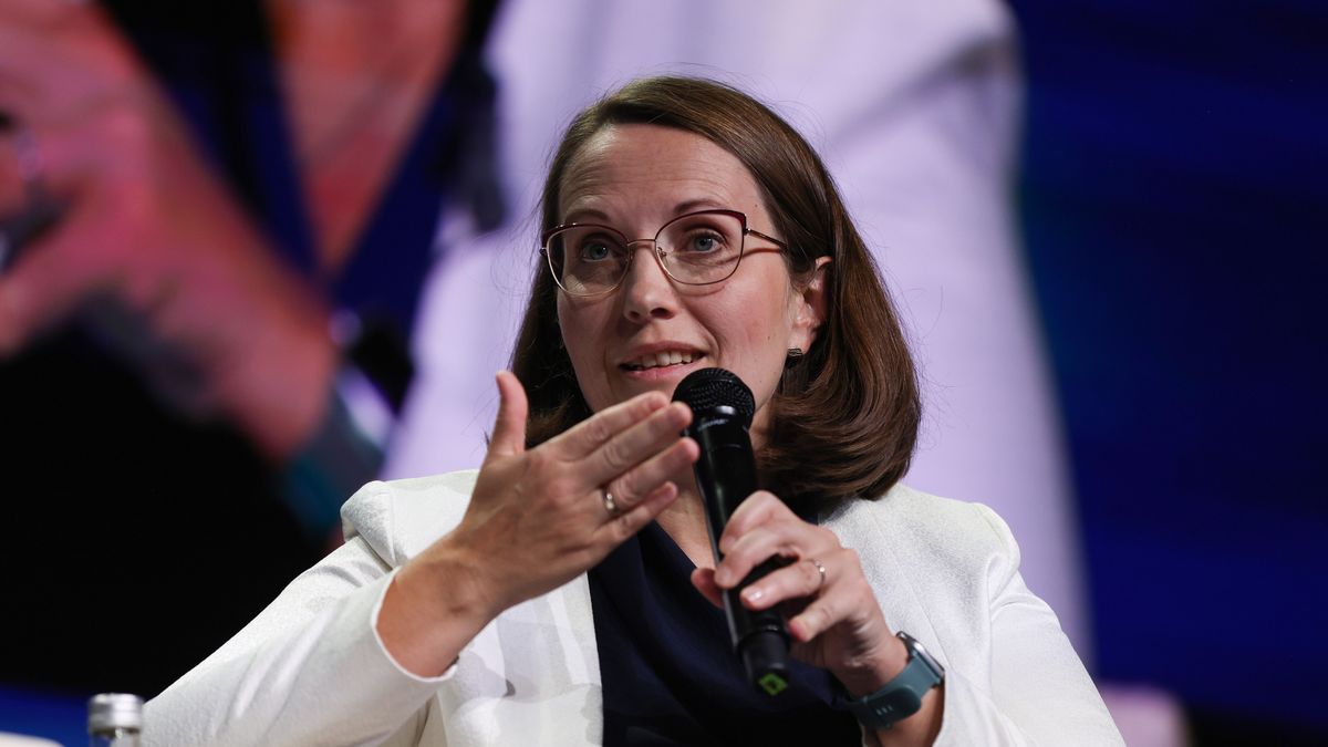 Magdalena Rzeczkowska, Poland's finance minister, speaks during a panel session on the opening day of the annual meetings of the International Monetary Fund (IMF) and World Bank in Marrakesh, Morocco, on Monday, Oct. 9, 2023. The IMF and World Bank's first annual meetings in Africa since 1973 were expected to give a spending boost to Morocco's fourth-largest city and one of its top tourist destinations. Photographer: Hollie Adams/Bloomberg via Getty Images