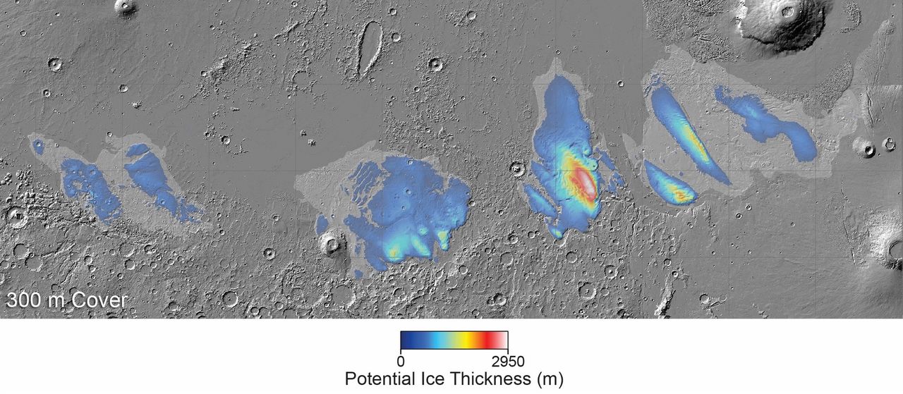 Deposits of water ice several kilometers thick may be found on the surface of Mars.