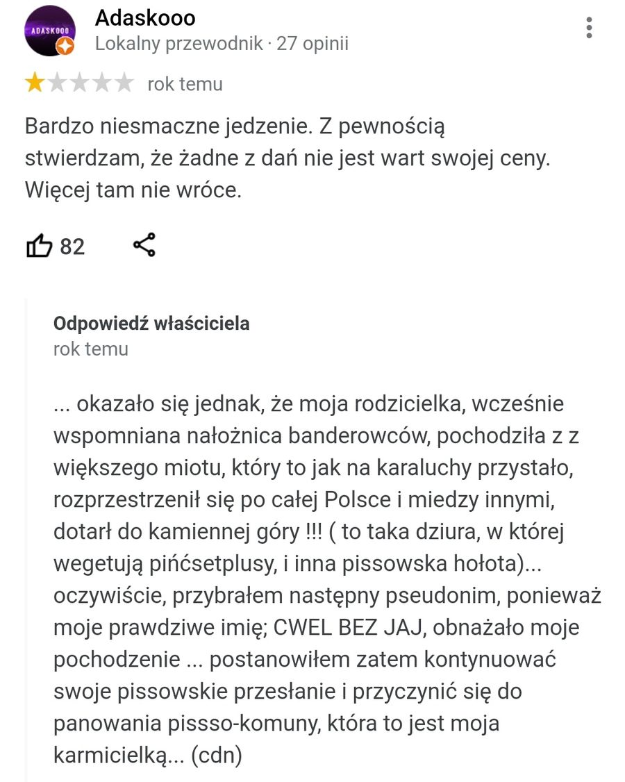 Skandaliczne komentarze "właściciela" restauracji PIU z Bielan Wrocławskich