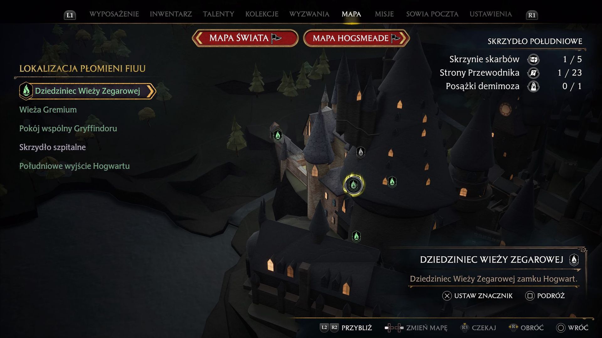 Sieć Fiuu na mapie Hogwartu.