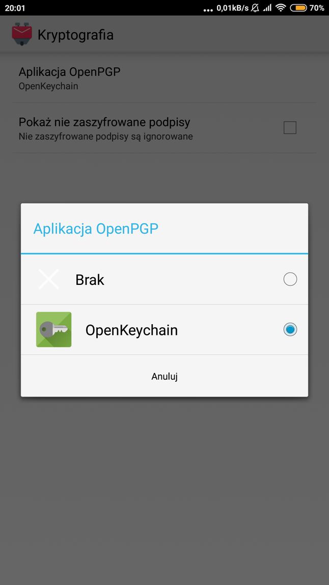 W K-9 można wybrać aplikację do obsługi OpenGPG. W moim przypadku jest to OpenKeychain