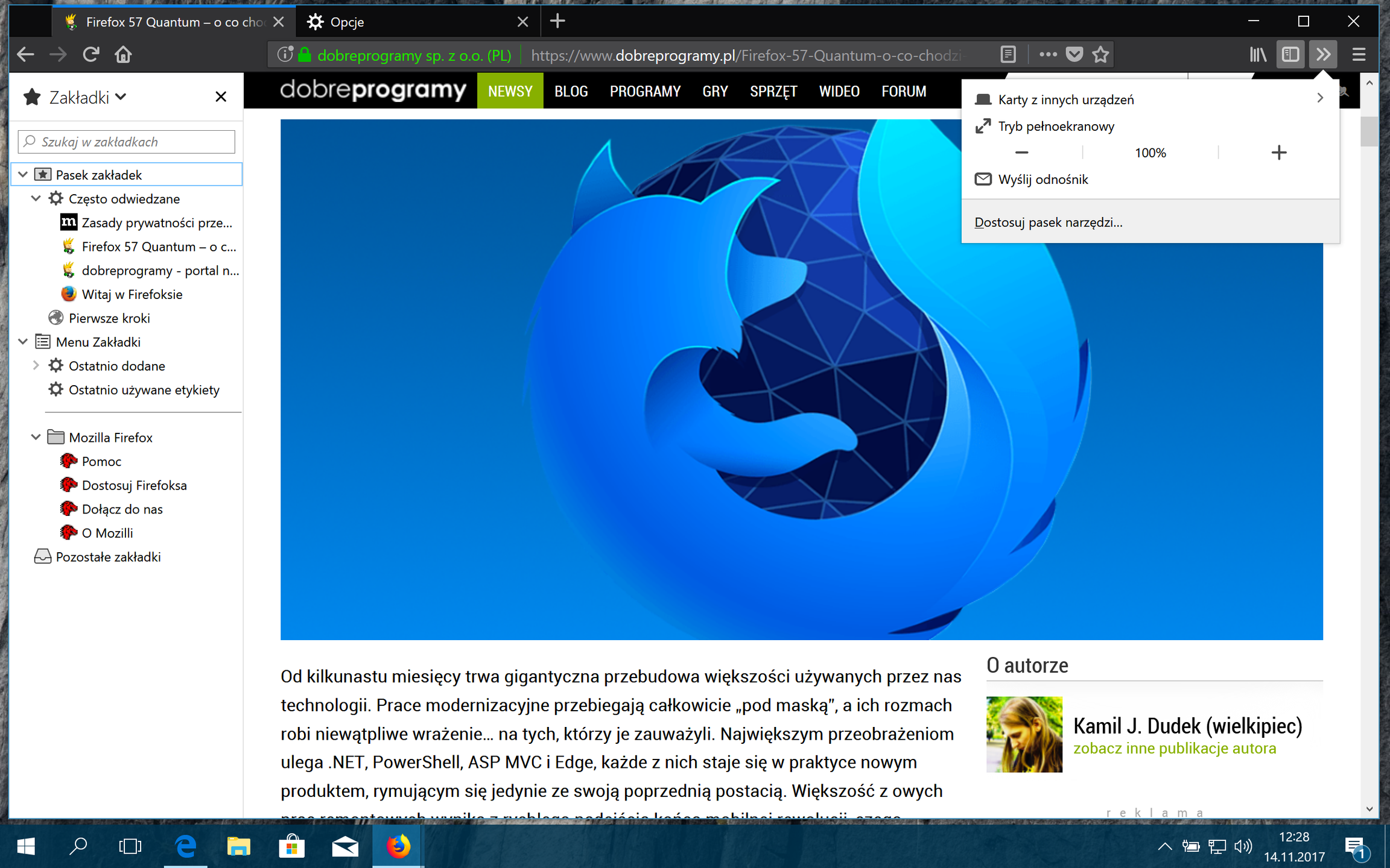 Firefox 57 – panel zakładek i szybkie menu