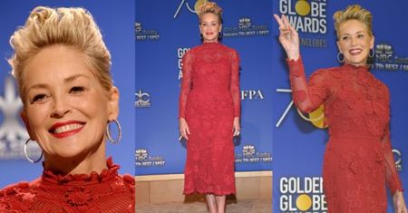 Uśmiechnięta Sharon Stone pozuje w czerwonych koronkach