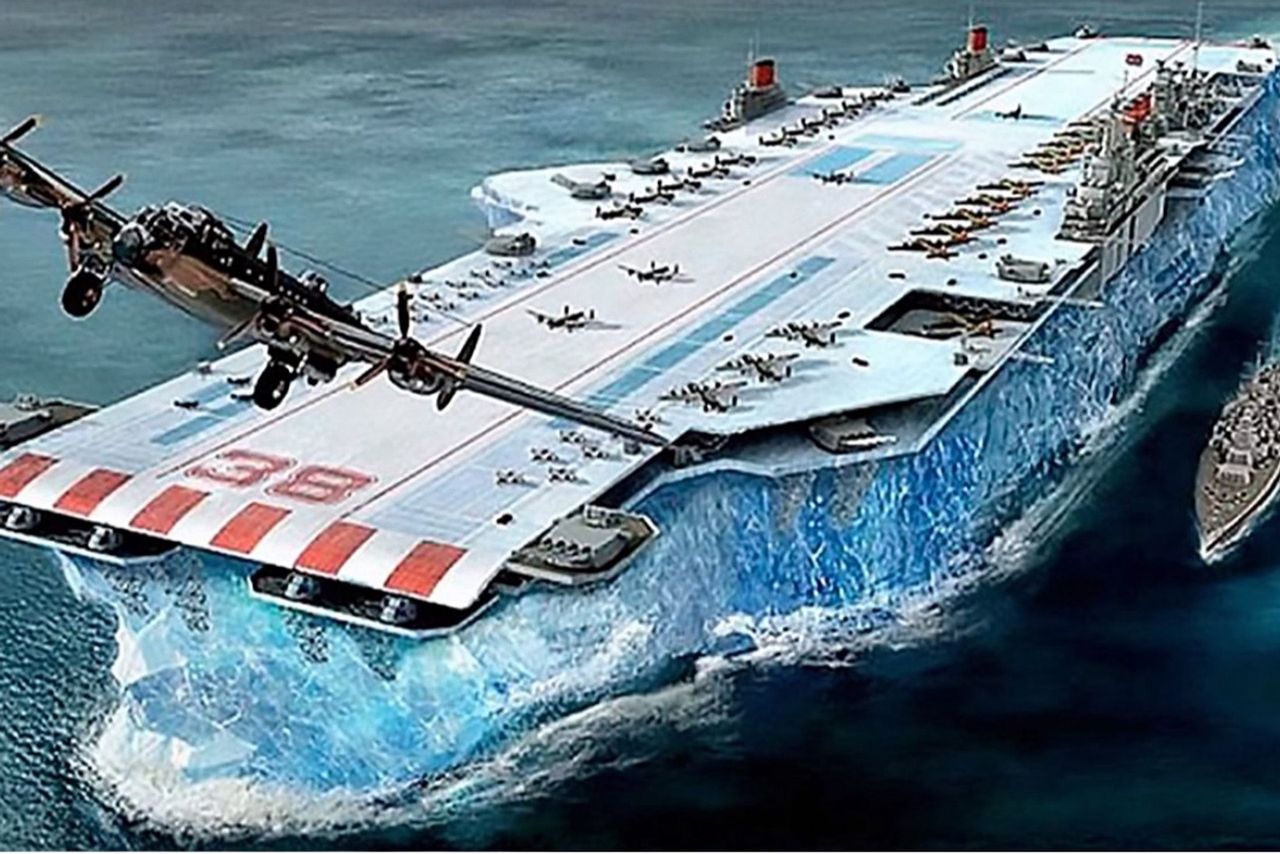 Niezatapialny lotniskowiec Habbakuk. Pływający gigant zbudowany z trocin i lodu - HMS Habbakuk - artystyczna wizja lodowego lotniskowca