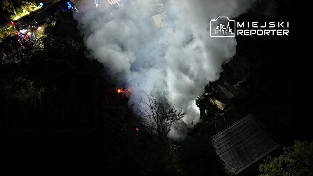 Pożar w lesie, z którego wydobywa się gęsty dym, w otoczeniu drzew i zniszczonej konstrukcji budowlanej.