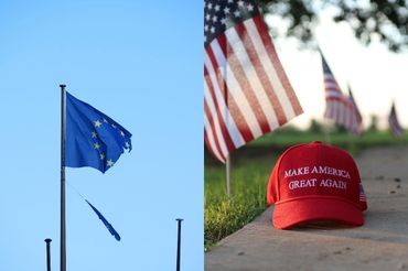 Flaga UE, czapeczka zwolenników Donalda Trumpa