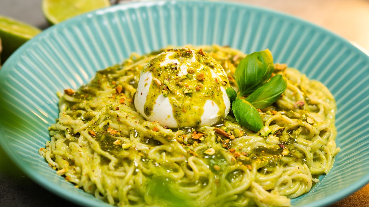 Pasta with pistachio pesto and burrata