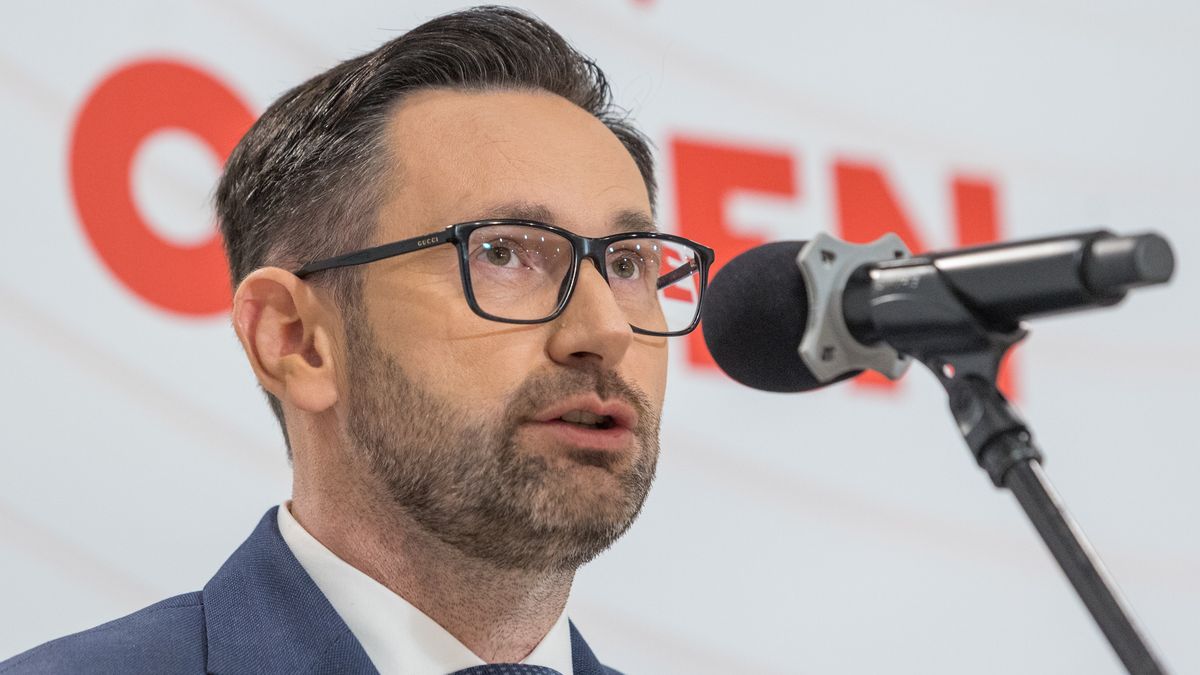PKN Orlen President Daniel Obajtek is speaking at the press conference where Robert Kubica is being announced as an AF Corse Ferrari driver, in Warsaw, Poland, on November 29, 2023. (Photo by Foto Olimpik/NurPhoto via Getty Images)