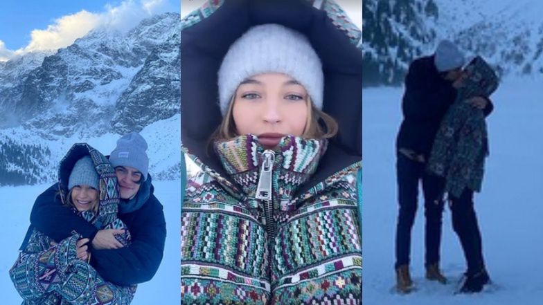 Julia Wieniawa i Nikodem Rozbicki tulą się i całują nad Morskim Okiem