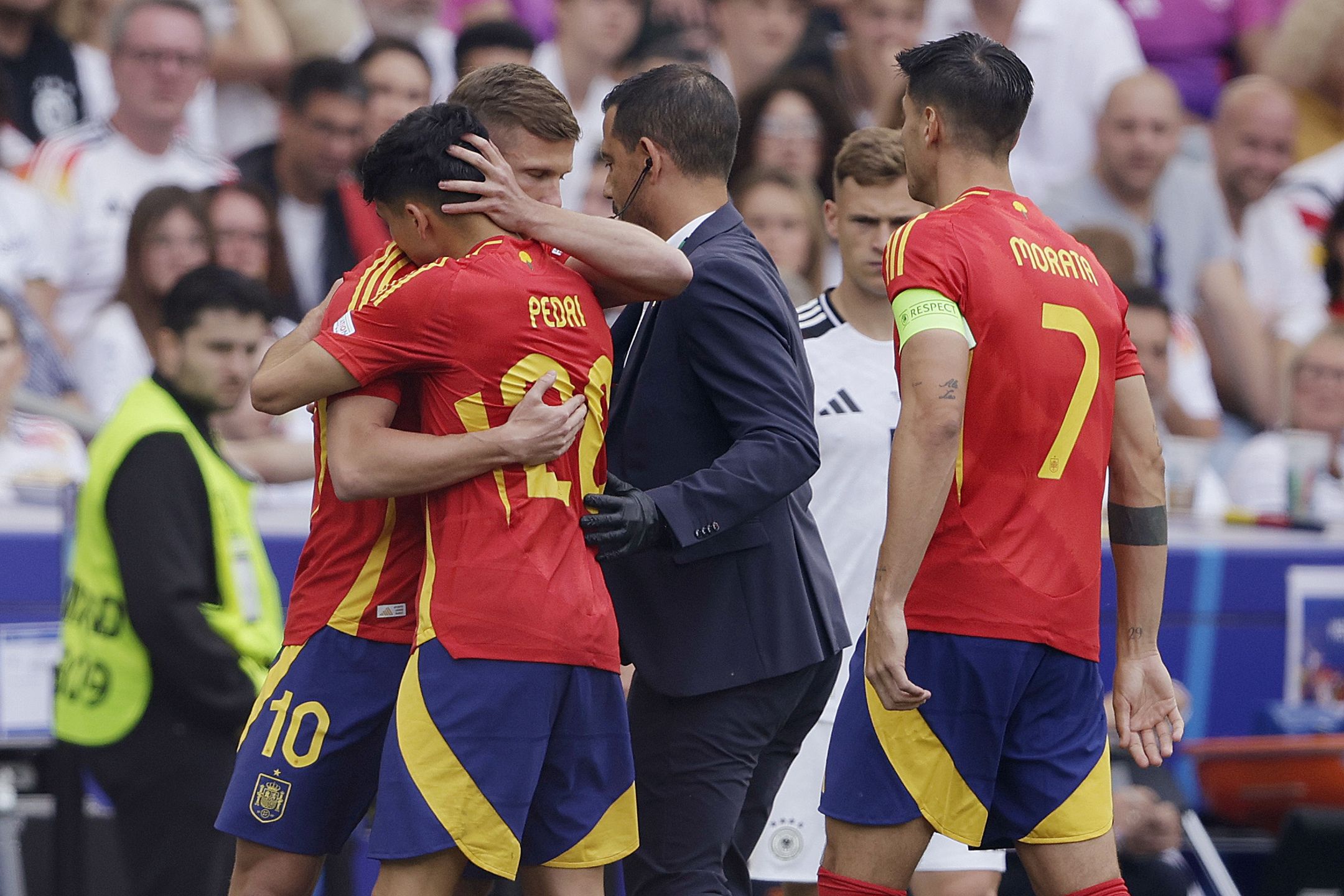 Spain  v Germany  -EURO
STUTTGART, GERMANY - JULY 5: Pedri of Spain leaves the pitch with a injury, Alvaro Morata of Spain, Dani Olmo of Spain consoles him during the  EURO match between Spain  v Germany  at the Mercedes Benz Arena on July 5, 2024 in Stuttgart Germany (Photo by Rico Brouwer/Soccrates/Getty Images)
Soccrates Images
injury