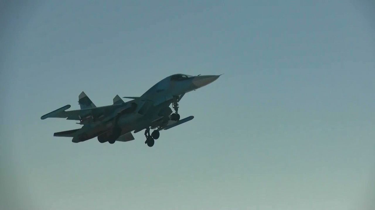 Russian UMPB D-30SN bomb seen in action under Su-34 aircraft