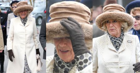 Księżna Camilla i jej wielka futrzana czapa spieszą podziwiać wyścigi konne