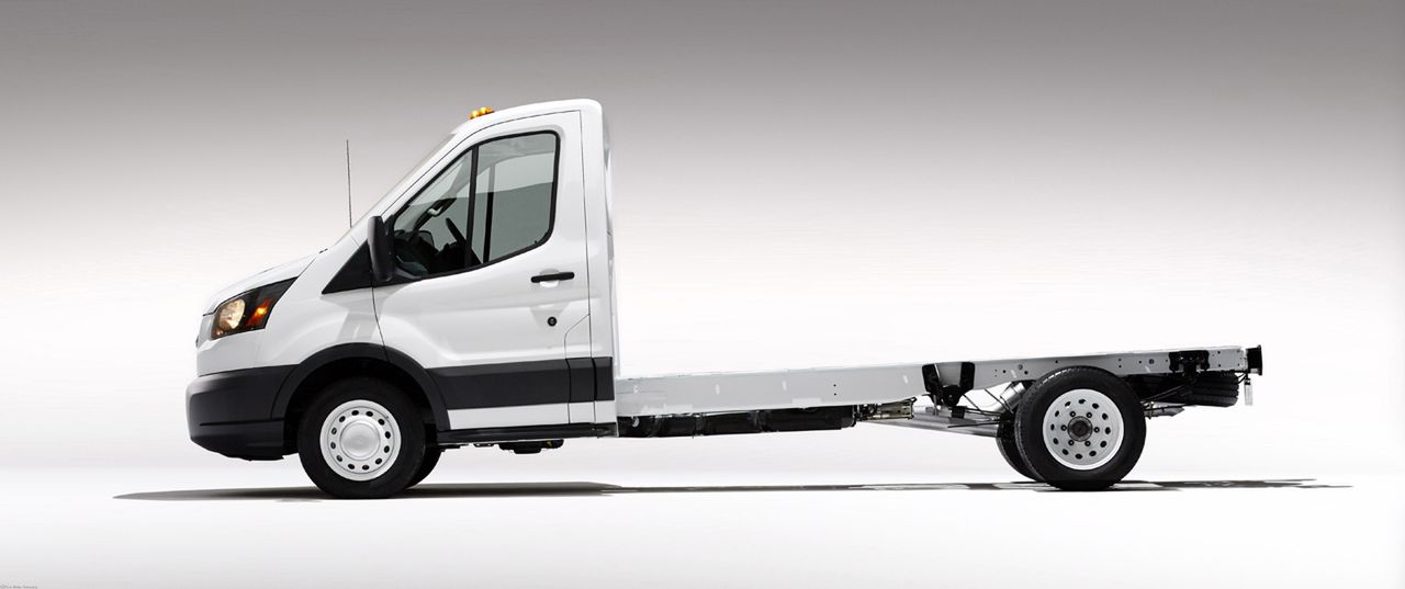 Ford Transit: Chassis cab and cutaway models employ a unique uni-ladder construction, combining a unibody cab with rear frame rails. The chassis cab and cutaway versions feature boron steel for stiffness. The frame rails underpin 100 percent of the cab area. (03/04/2013)