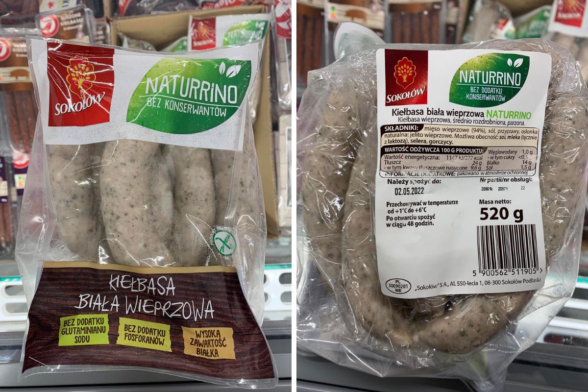 Sokołów Naturrino Bez konserwantów. Kiełbasa biała wieprzowa