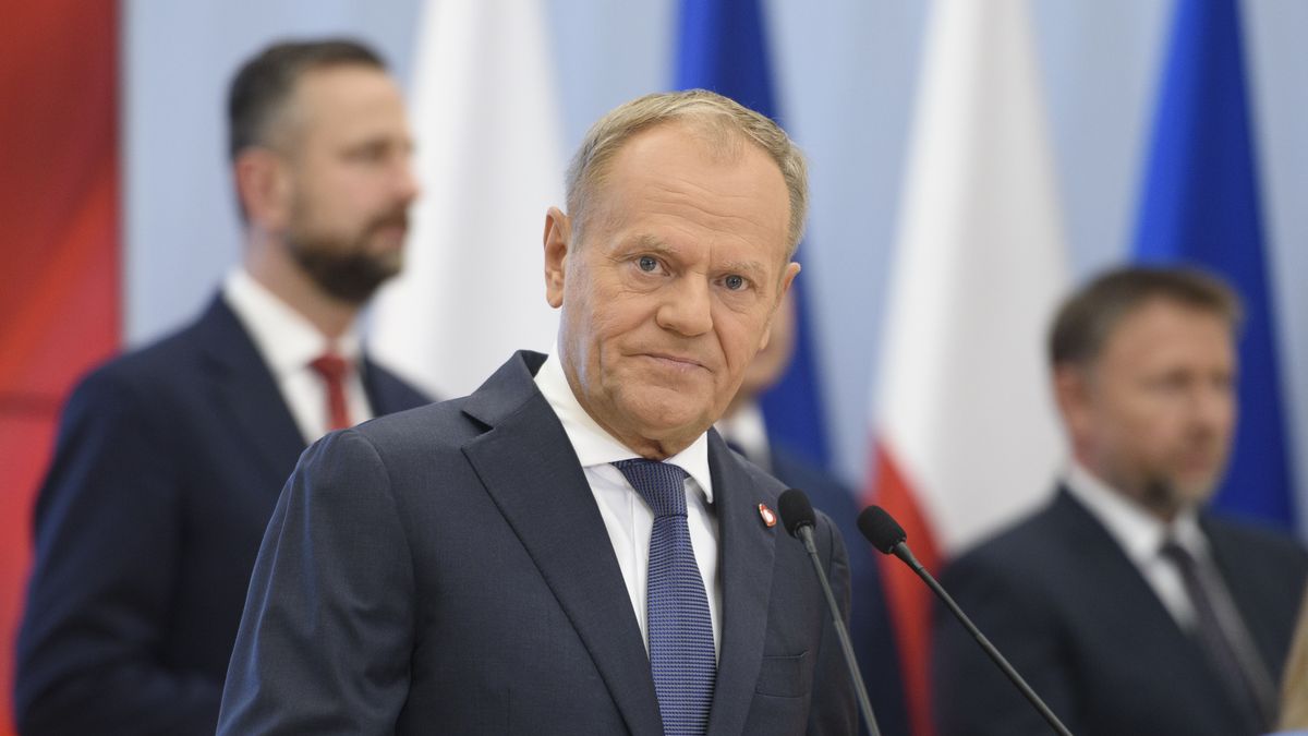Polish Prime Minister Donald Tusk speaks as he takes part in a press briefing regarding government reshuffle, Wednesday, July 23, 2025 in Warsaw, Poland.