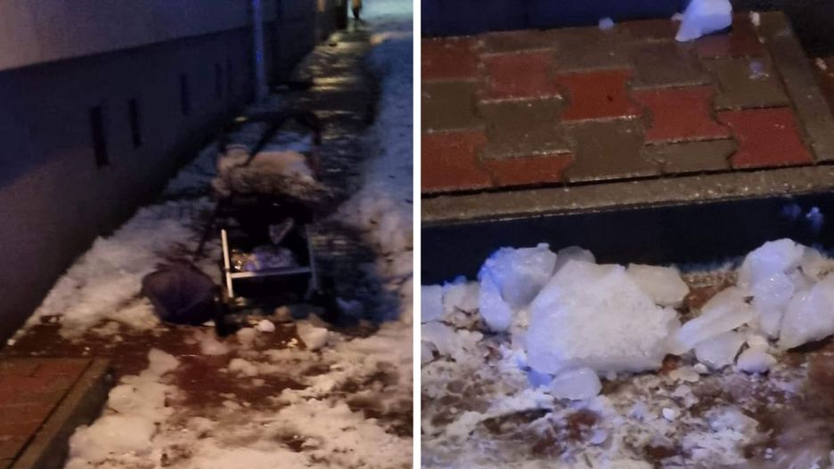 Bryła lodu spadła na ojca z dzieckiem