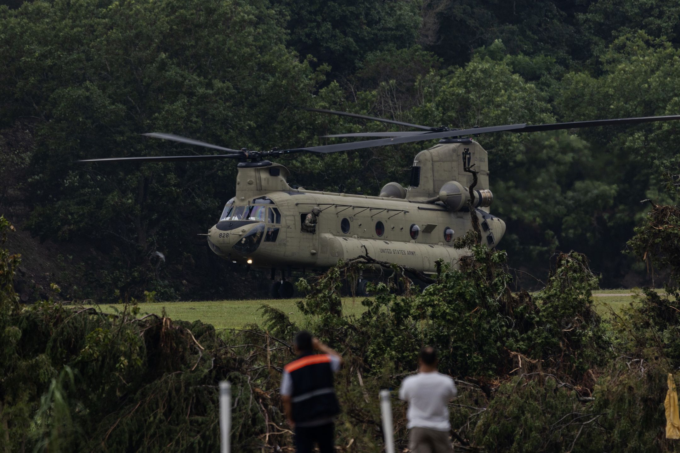 HUNT, TEXAS - JULY 6: A Chinook helicopter takes off near Camp Mystic after picking up troops that aided in search and recovery efforts on July 6, 2025 in Hunt, Texas. Heavy rainfall caused flooding along the Guadalupe River in central Texas with multiple fatalities reported. (Photo by Jim Vondruska/Getty Images)