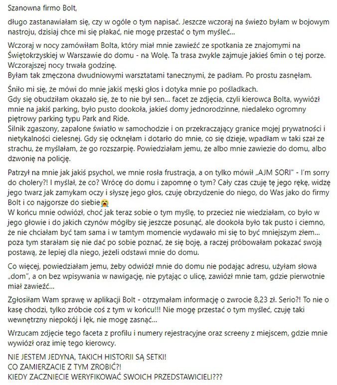 Kobieta opisała sprawę na profilu aplikacji Bolt
