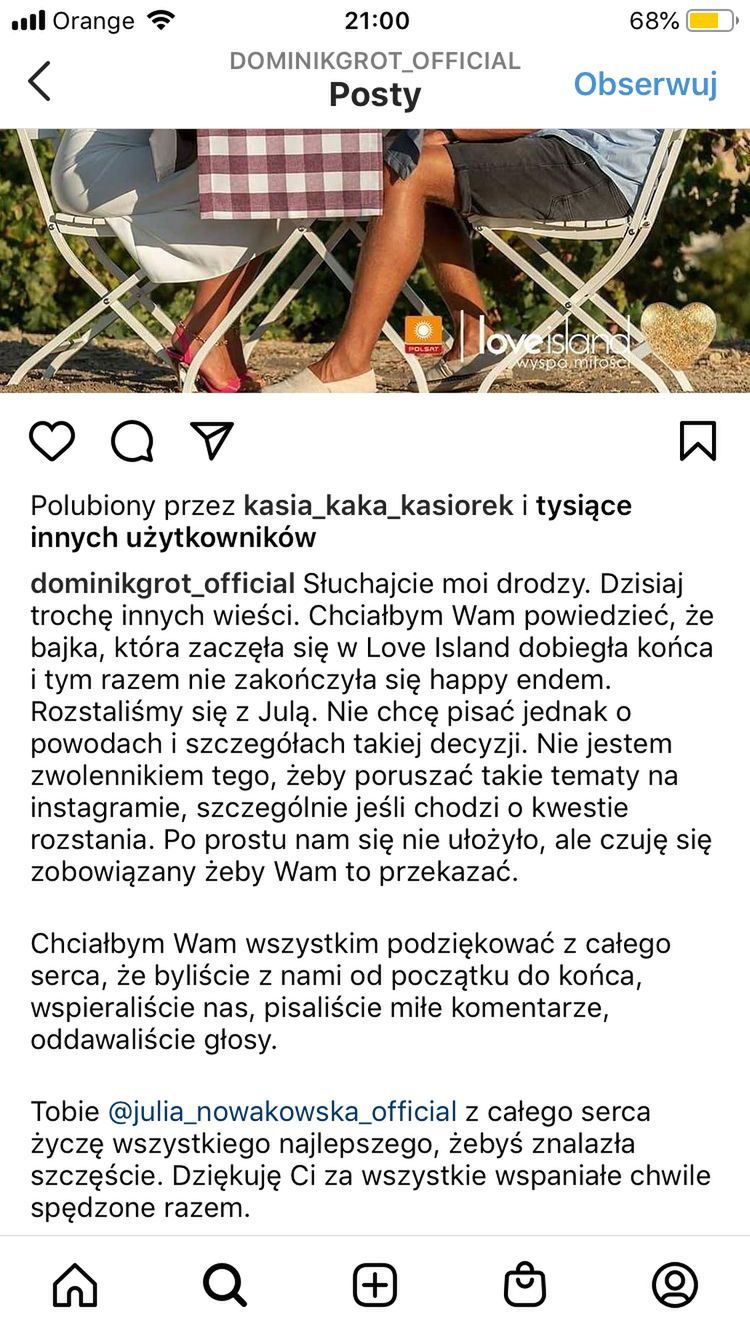 Dominik poinformował o rozstaniu z Julią za pomocą Instagrama