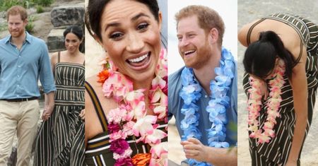 Meghan i Harry w girlandach z kwiatów bawią się na plaży z surferami (ZDJĘCIA)