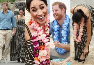 Meghan i Harry w girlandach z kwiatów bawią się na plaży z surferami (ZDJĘCIA)