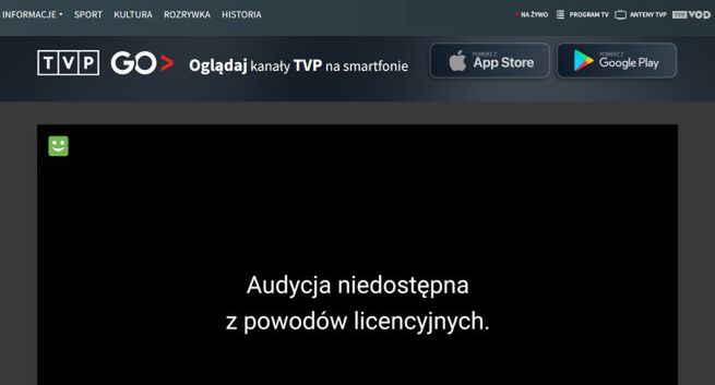 Awaria TVP GO i TVP Stream. „Audycja niedostępna z powodów licencyjnych”