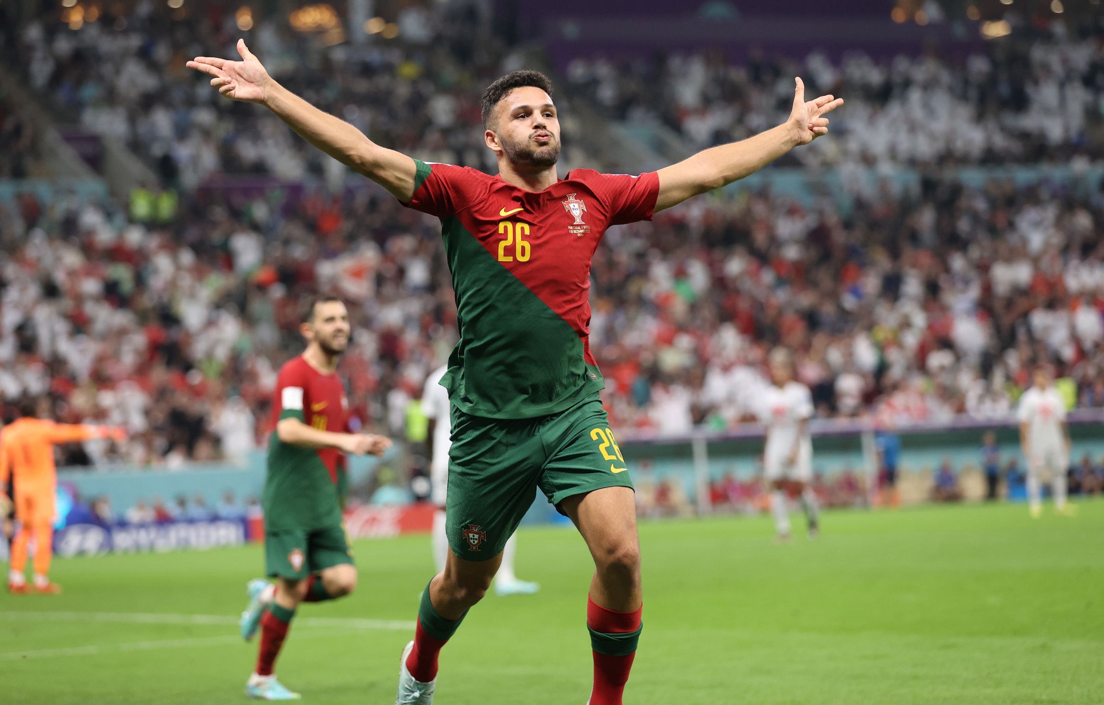 Goncalo Ramos of Portugal celebrates scoring the 5-1 during the FIFA World Cup 2022 round of 16 soccer match between Portugal and Switzerland at Lusail Stadium in Lusail, Qatar, 06 December 2022. EPA/Abedin Taherkenareh Dostawca: PAP/EPA.