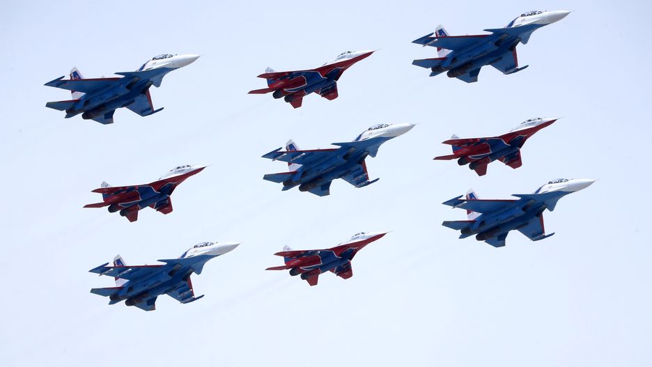 MOSCOW, RUSSIA - MAY 9 (RUSSIA OUT) Russian Sukhoi SU-35 and MIG-29 military jets flight over the Red Square during the Victory Day parade, May 9, 2024, in Moscow, Russia. The Red Square parade drew 9,000 military participants, including about 1,000 taking part in the invasion of Ukraine, as well as some 75 military vehicles. (Photo by Contributor/Getty Images)