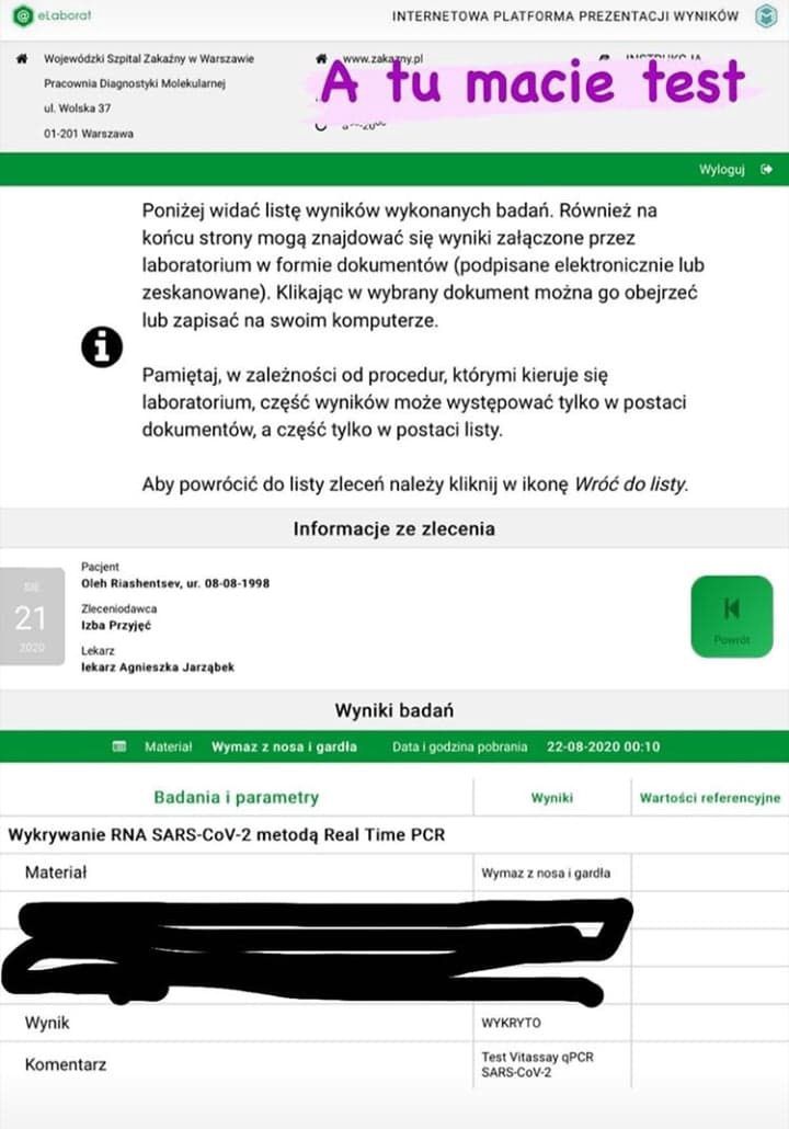 Oleh Riaszeńczew pokazał wyniki testu na koronawirusa