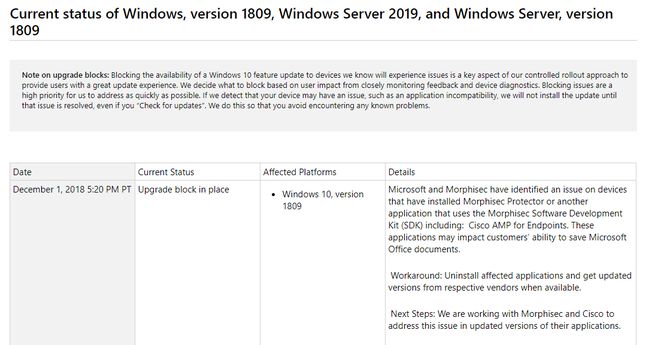 Możliwe problemy z działaniem Office'a to najnowsza znana usterka październikowej aktualizacji Windowsa 10. Źródło: historia aktualizacji Windows 10.