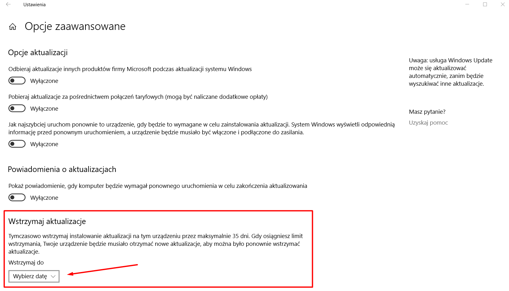 Odraczanie aktualizacji na 35 dni.