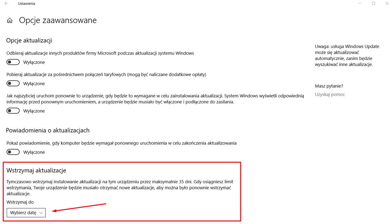 Odraczanie aktualizacji na 35 dni.