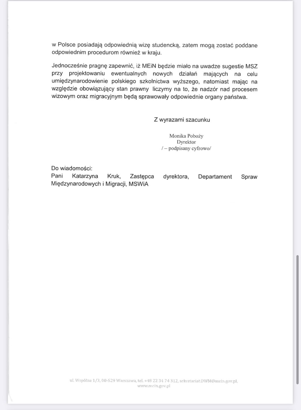 Odpowiedź Departamentu Współpracy Międzynarodowej MEiN na pismo z Departamentu Konsularnego MSZ
