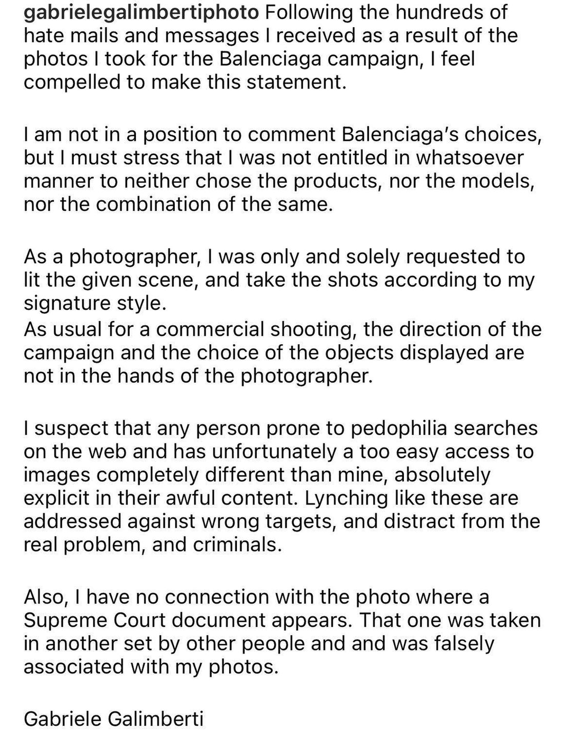 Oświadczenia Balenciagi i fotografa
