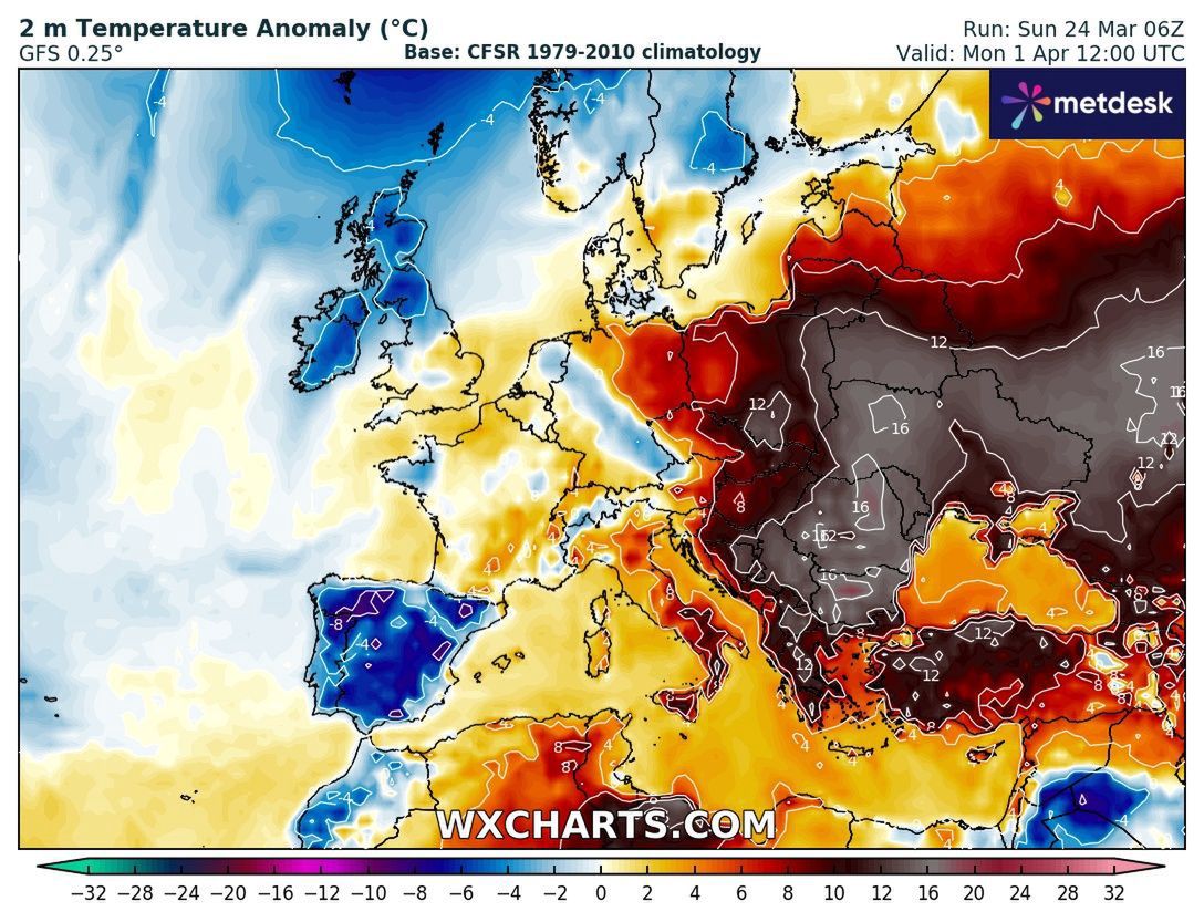 Temperatury w Polsce w poniedziałek 1 kwietnia w porównaniu do średnich temperatur w tym czasie w latach 1979-2010