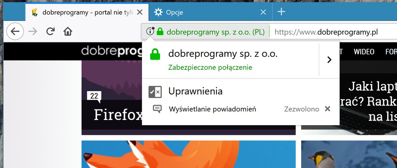 Firefox 57 – informacje o uprawnieniach strony